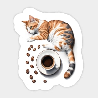 Cute Cat and Espresso Coffee Beans and Cup Design Sticker